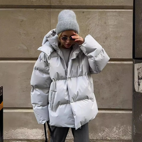 Women Oversized Puffer Jacket Hooded Padded Coat Solid Color Loose Winter Warm Zip Up Parka Top Outwear