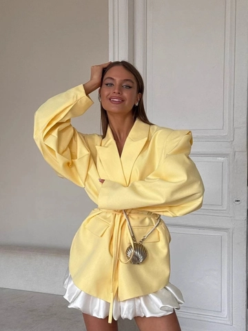 Chaqueta Blazer de Mujer Chic Oversize Con Cinturón Hombreras Manga Plisada Color Sólido Abrigo de Traje Ajustado