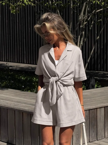 Women Summer Casual Shirt And Shorts Solid Color Tie Front Lapel Top High Waist Short Pants Holiday Loose Lounge Outfit