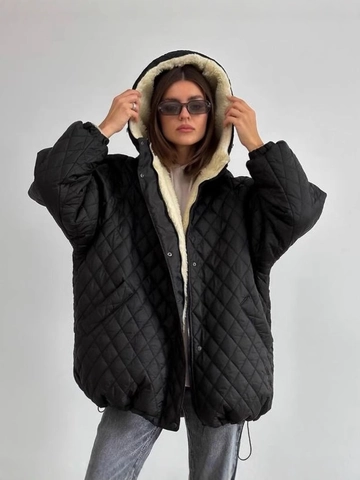 Veste Matelassée à Capuche pour Femme Motif Losange Doublée en Fausse Peau de Mouton Manteau d'Hiver Rembourré Oversize