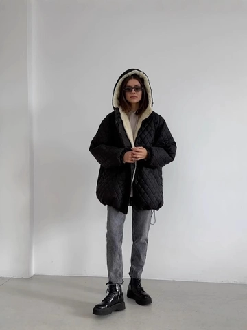 Veste Matelassée à Capuche pour Femme Motif Losange Doublée en Fausse Peau de Mouton Manteau d'Hiver Rembourré Oversize