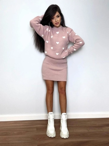 Damen Herz Muster Strickpullover Und Rock Outfit Elegant Langarm Rundhalsausschnitt Oberteil Hohe Taille Minirock Outfits