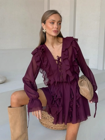 Dames Elegante Chiffon Jurk met Ruches V-Hals Veters Sexy Klokmouwen Hoge Taille Effen Kleur Mini A-Lijn Jurk