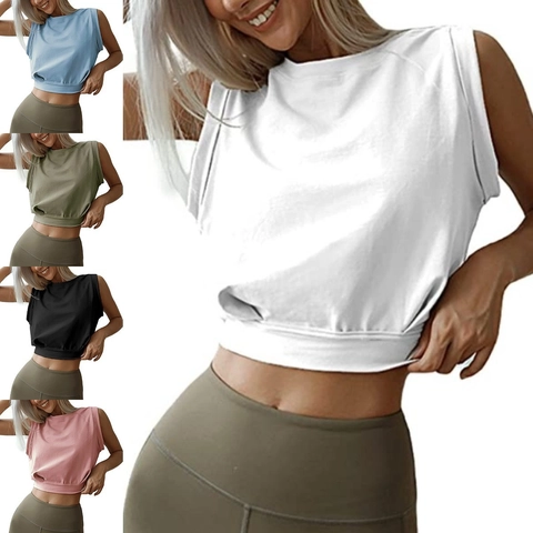 Women Casual Sleeveless Crop Top Sporty Crew Neck Muscle Tank T-Shirt Elastic Hem Fitness Yoga Workout Vest Top