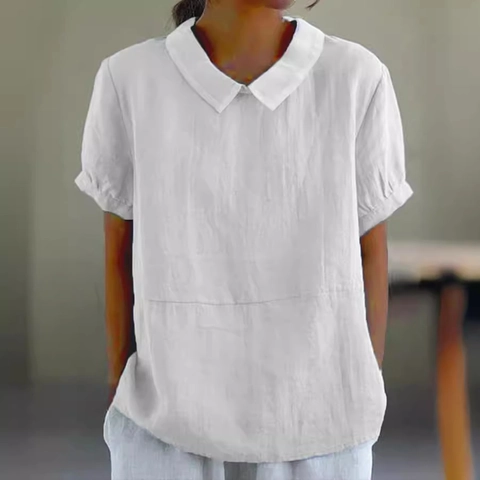 Women Casual Short Sleeve Blouse Peter Pan Collar Loose Fit Summer Shirt Solid Color Cotton Linen Texture Top For Women