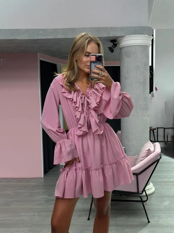 Dames Elegante V-hals Ruffle Mini Jurk Lange Pofmouwen Gelaagde Chiffon Korte Party Jurk Vakantie A-lijn Zonnejurk