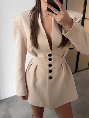 Damen Elegant Blazer Minikleid Einfarbig V-Ausschnitt Langarm Wespentaille Schulterpolster Büro Party Kurzes Kleid