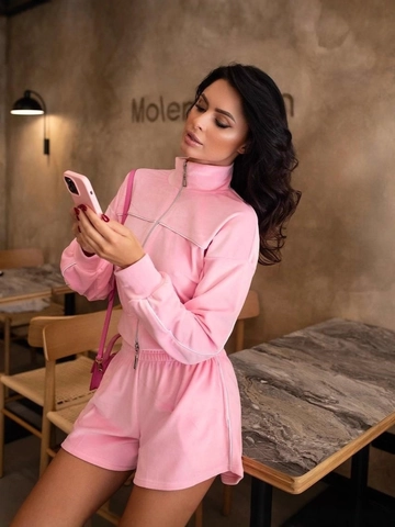 Women Fashion Zip Up Stand Collar Long Sleeve Top And Shorts Casual Velvet Look Loungewear Outfit Streetwear