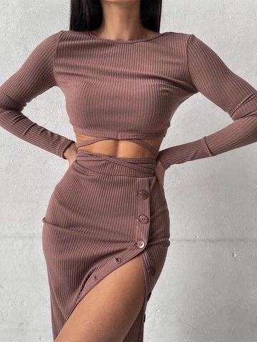 Women Ribbed Knit Long Sleeve Round Neck Tie Waist Crop Top And Side Button High Slit Midi Skirt Elegant Outfit