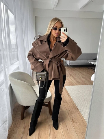 Eleganter Damen Kurzer Trenchcoat Revers Einfarbig Taillenband Jacke Langarm Oberbekleidung Für Frühling Herbst Pendler