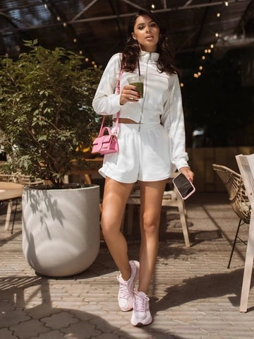 Women Fashion Zip Up Stand Collar Long Sleeve Top And Shorts Casual Velvet Look Loungewear Outfit Streetwear