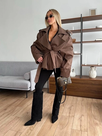Eleganter Damen Kurzer Trenchcoat Revers Einfarbig Taillenband Jacke Langarm Oberbekleidung Für Frühling Herbst Pendler