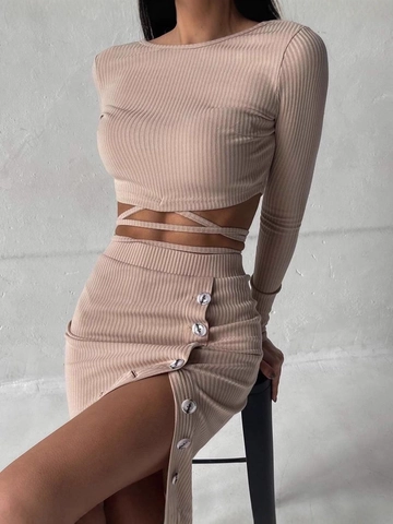 Women Ribbed Knit Long Sleeve Round Neck Tie Waist Crop Top And Side Button High Slit Midi Skirt Elegant Outfit