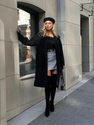 Elegant Women V Neck Woolen Coat Lace Up Long Jacket Polyester Blend Fashion Lapel Waist Tie Outerwear Autumn Winter