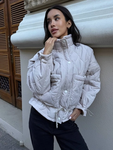 Chaqueta Acolchada Informal para Mujer Con Cuello Alto Patrón de Ondas Diamantes Botón de Presión Cordón Abrigo de Invierno