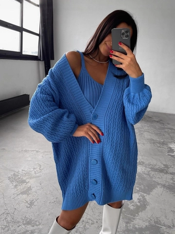 Women Casual Cable Knit Two Piece Sweater Set Solid Color V Neck Cardigan And Camisole Two Piece Knitting Outfit Set