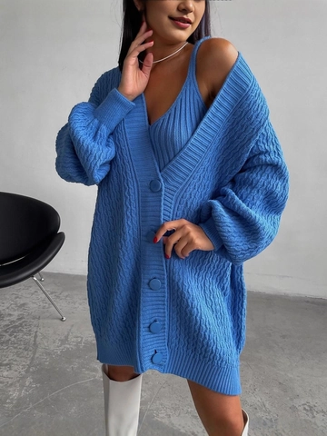 Women Casual Cable Knit Two Piece Sweater Set Solid Color V Neck Cardigan And Camisole Two Piece Knitting Outfit Set