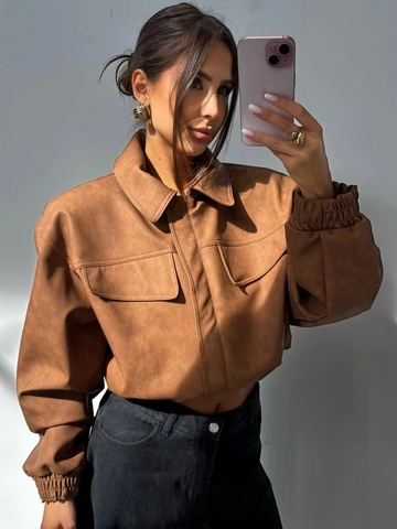Giacca Corta in Ecopelle Vintage da Donna Colletto Polo Cerniera Tinta Unita Tasca Streetwear Cappotto di Pelle PU