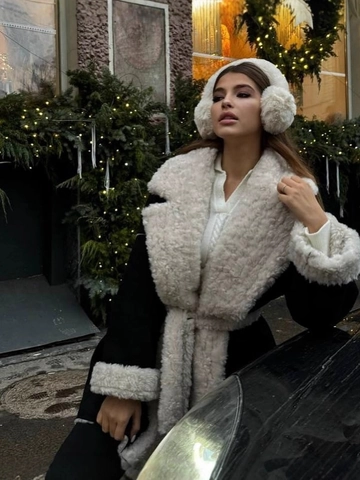 Women's Faux Fur Teddy Fleece Coat Elegant Belted Winter Jacket Warm Lapel Woolen Outerwear Commuter Style Long Sleeve Top