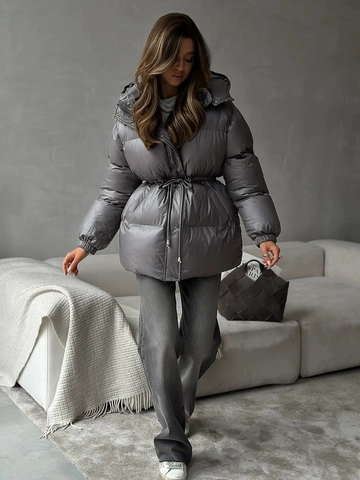 Doudoune Mi-Longue à Capuche pour Femme avec Taille à Cordon de Serrage Parka Chaude d'Hiver Brillante à Fermeture Éclair