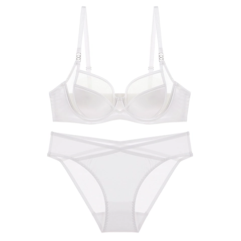 Französischer Stil Sexy Satin Mesh Splicing Dünne Tasse Bügel BH Und Passende Unterhose Lingerie Kombination Für Damen Unterwäsche