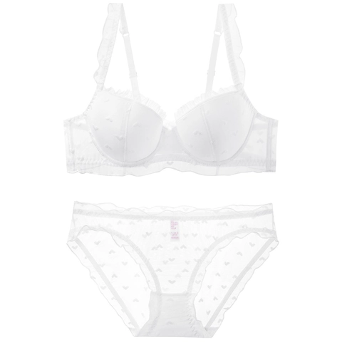 Women French Sexy Lace Bra And Panty Top And Bottom Heart Embroidery Ruffle Thin Mold Cup Plus Size Lingerie Set