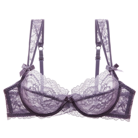 Sujetador de Encaje Transparente Ultrafino de Estilo Francés para Mujer Sexy Floral con Aros Minimizador Lencería con Lazo