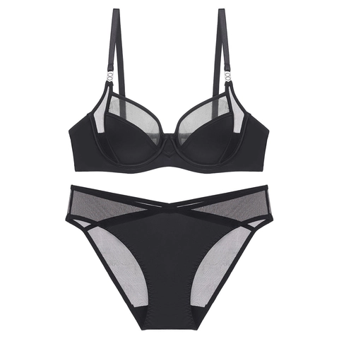 Conjunto de Lencería Sexy de Satén y Malla Estilo Francés Para Mujer Sujetador Push Up Con Aro Suave Y Bragas Con Cintura en V Cruzada