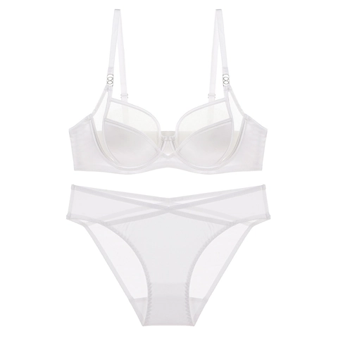 Conjunto de Lencería Sexy de Satén y Malla Estilo Francés Para Mujer Sujetador Push Up Con Aro Suave Y Bragas Con Cintura en V Cruzada