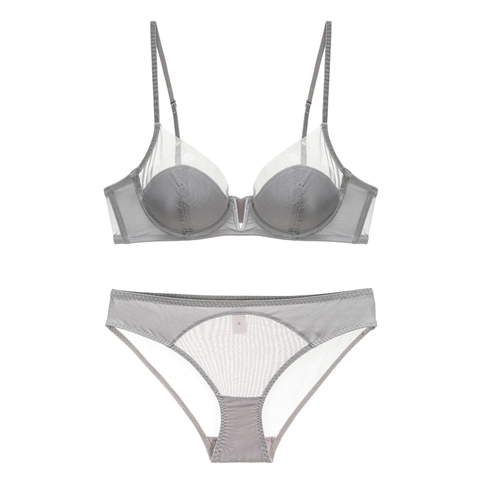 Conjunto de Lencería Sexy Estilo Francés Cuello en V Profundo Patchwork de Malla Sujetador y Bragas Minimizador Parte Superior e Inferior
