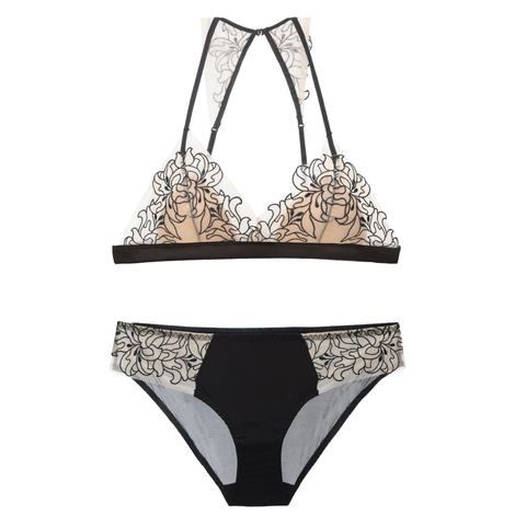 French Style Sexy Lace Embroidery Bra And Panties Set Wire Free Triangle Cup Lingerie For Women Thin Bralette Cross Back Top