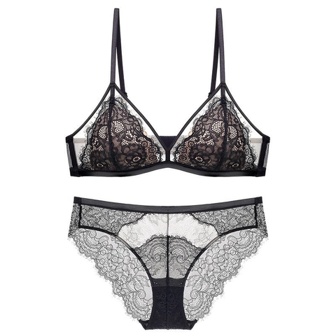 French Style Eyelash Lace Lingerie Set For Women Sexy Triangle Cup Wireless Breathable Mesh Bra And Panty Set Lingerie