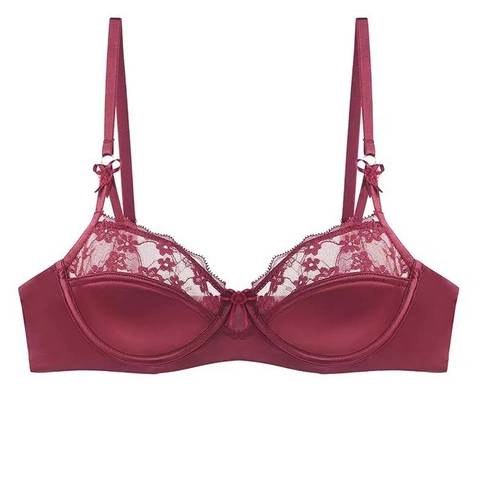 Sujetador Sexy de Encaje y Satén de Estilo Francés para Mujer Copa Delgada Push Up con Aros Lencería Decoración Lazo