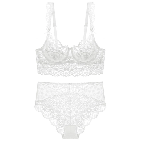 Ensemble de Lingerie Sexy en Dentelle Florale Ultra-Mince pour Femmes Soutien-Gorge Sans Armatures Respirant et Culotte Taille Haute