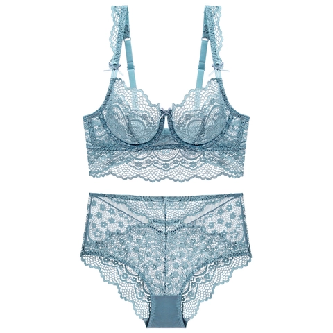 Ensemble de Lingerie Sexy en Dentelle Florale Ultra-Mince pour Femmes Soutien-Gorge Sans Armatures Respirant et Culotte Taille Haute