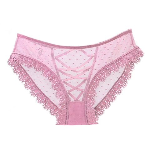 Women Sexy Lace Panties Mesh Polka Dot Low Waist Underwear Hollow Out Criss-cross Strappy Breathable Cotton Crotch Knickers