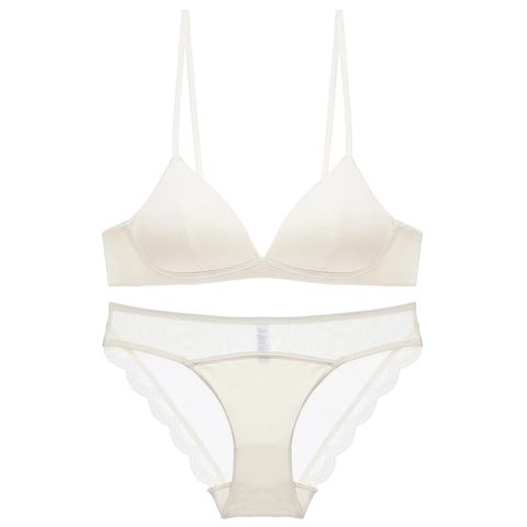 Women Sexy French Lingerie Set Thin Triangle Cup Wireless Bra And Lace Panty Set Solid Breathable Comfortable Underwear