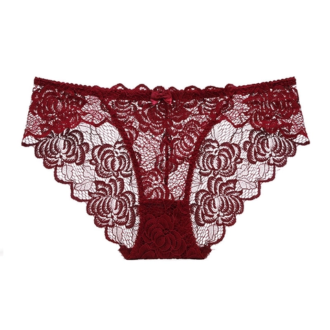Sexy Damen Spitzenunterwäsche Ultradünn Transparent Blumenmuster Niedrige Taille Atmungsaktiv Hohl Lingerie Mit Schleife