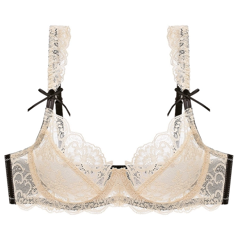 Soutien-gorge Femme Sexy Ultra-fin en Dentelle Florale Respirant Minimiseur Lingerie Avec Nœud Style Vintage Français