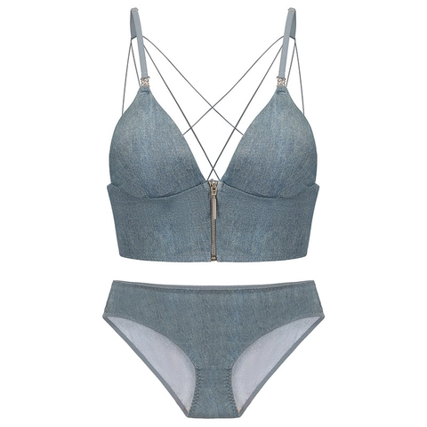 Französisch Sexy Lingerie Set Viskose Elastan Glänzend Kabellos BH Höschen Set Front Reißverschluss Kreuz Rücken Damen Unterwäsche