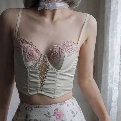 Vintage French Sexy Rose Embroidery Bustier Bra Satin Lace Mesh Corset Top For Women Slimming Push Up Palace Style Lingerie