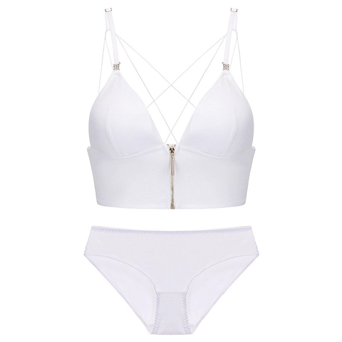 Französisch Sexy Lingerie Set Viskose Elastan Glänzend Kabellos BH Höschen Set Front Reißverschluss Kreuz Rücken Damen Unterwäsche