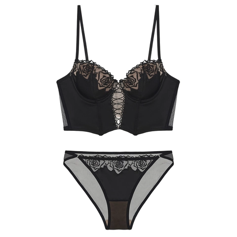 Vintage Rose Embroidery Lace Corset Bustier Top And Panties For Women Sexy Satin Underwire Push Up Bra Lingerie Briefs