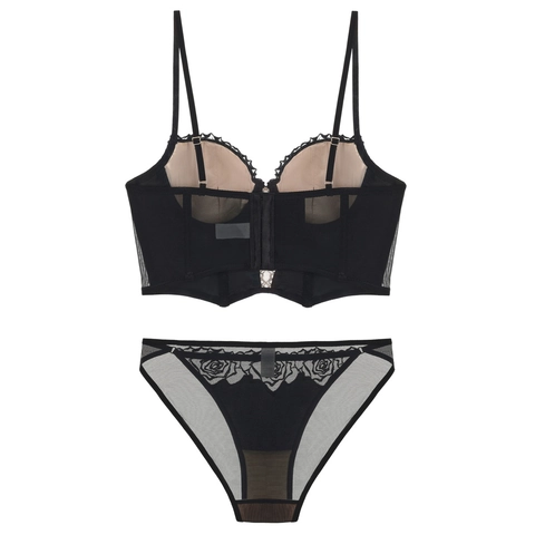 Vintage Rose Embroidery Lace Corset Bustier Top And Panties For Women Sexy Satin Underwire Push Up Bra Lingerie Briefs
