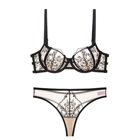 Ensemble de Lingerie en Dentelle Sexy Ultra-fine Style Français Broderie Florale Soutien-Gorge à Armatures et Ensemble String Femme Lingerie Confort