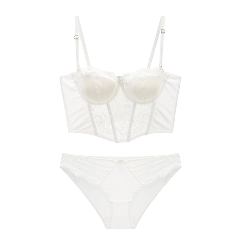 French Satin Lace Patchwork Bustier Lingerie For Women Sexy Boning Push Up Bra And Panties Luxury Lingerie