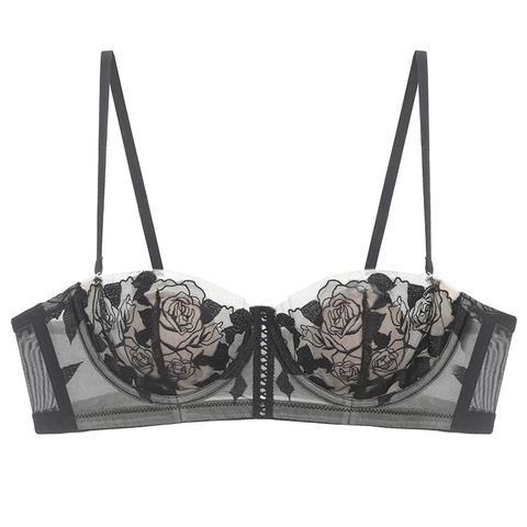 Sujetador de Encaje Bordado Estilo Francés Copa de Orejas de Conejo Delgada Minimizador Con Aros para Mujer Ropa Interior de Malla Floral