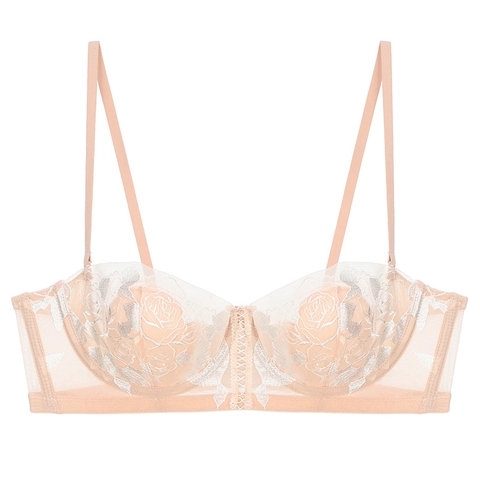 Sujetador de Encaje Bordado Estilo Francés Copa de Orejas de Conejo Delgada Minimizador Con Aros para Mujer Ropa Interior de Malla Floral