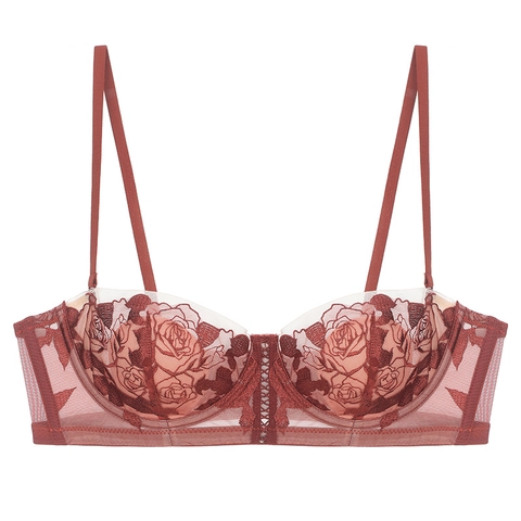 Sujetador de Encaje con Bordado de Rosas Estilo Francés Sexy Para Mujer Con Aros Malla Ultrafina Sujetador Minimizador