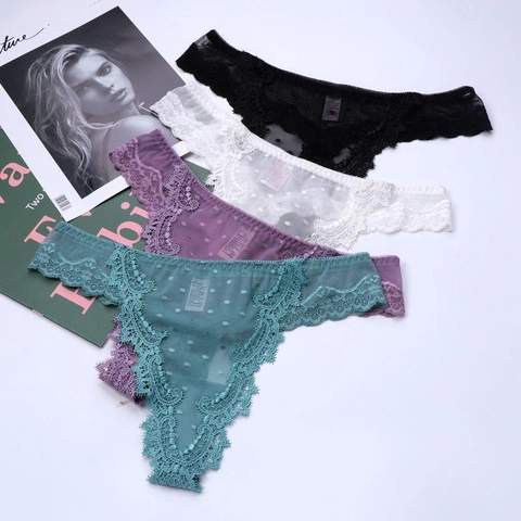 Women Sexy Lace Thong French Style Mesh Polka Dot Transparent Panties Breathable Cotton Crotch Low Waist Lingerie Underwear